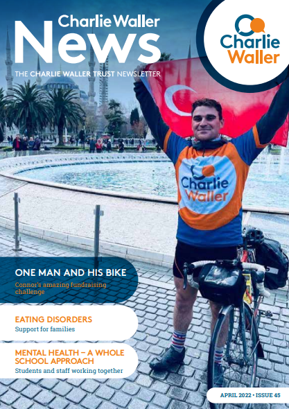 Image of front cover of our newsletter with cyclist and fundraiser Connor Kelly in Istanbul