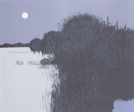 Landscape of snowy field with overgrown hedge and full moon at dusk