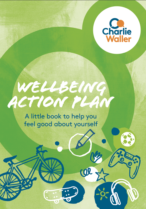 Front cover of the wellbeing action plan with text that says wellbeing action plan and a little book to help you feel good about yourself.