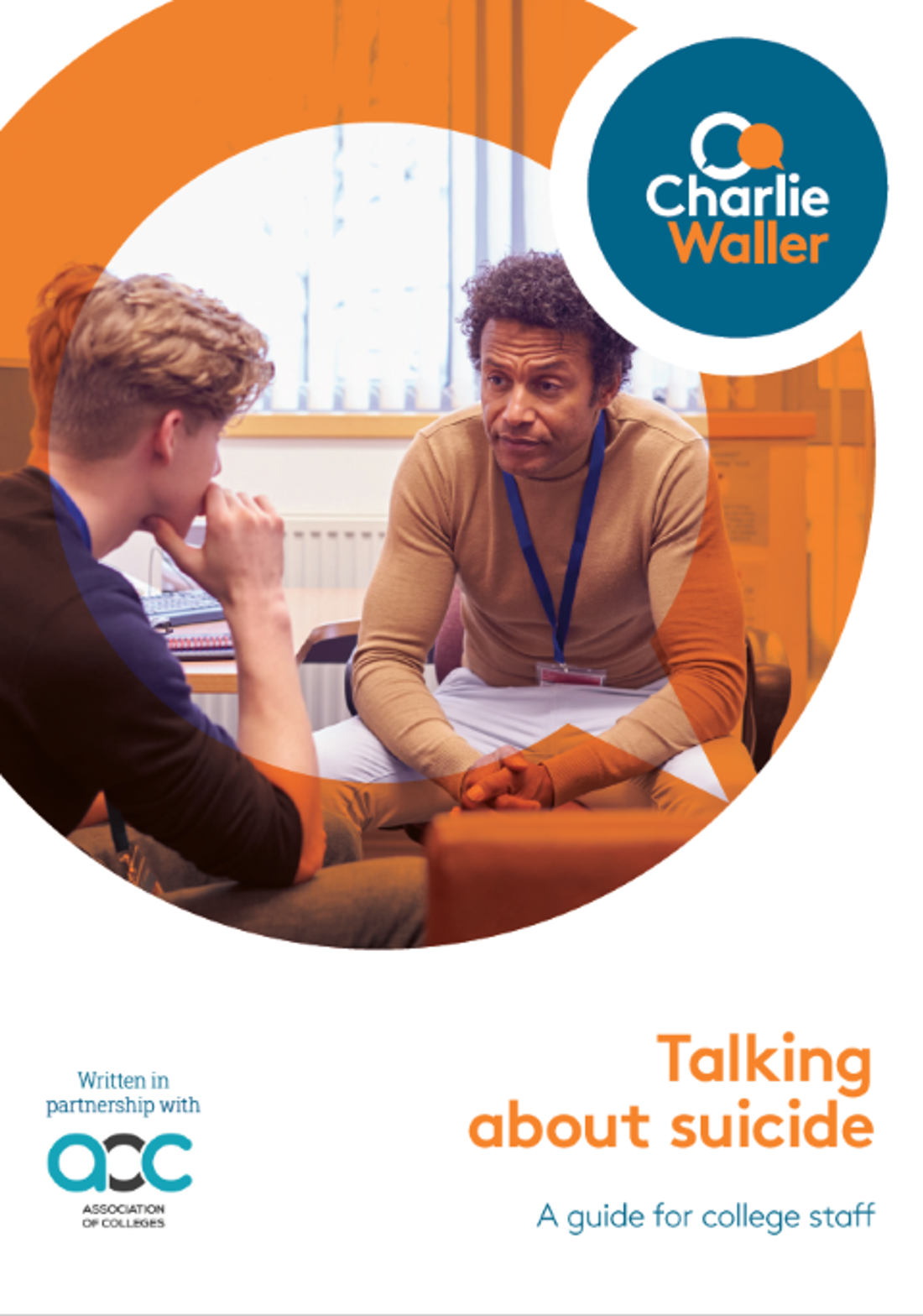 talking about suicide guide front cover with photo of male tutor speaking to male student