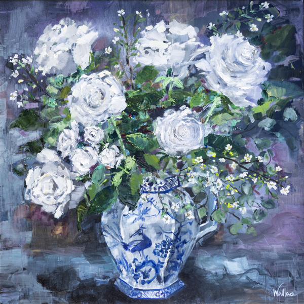 Painting of vase and white roses