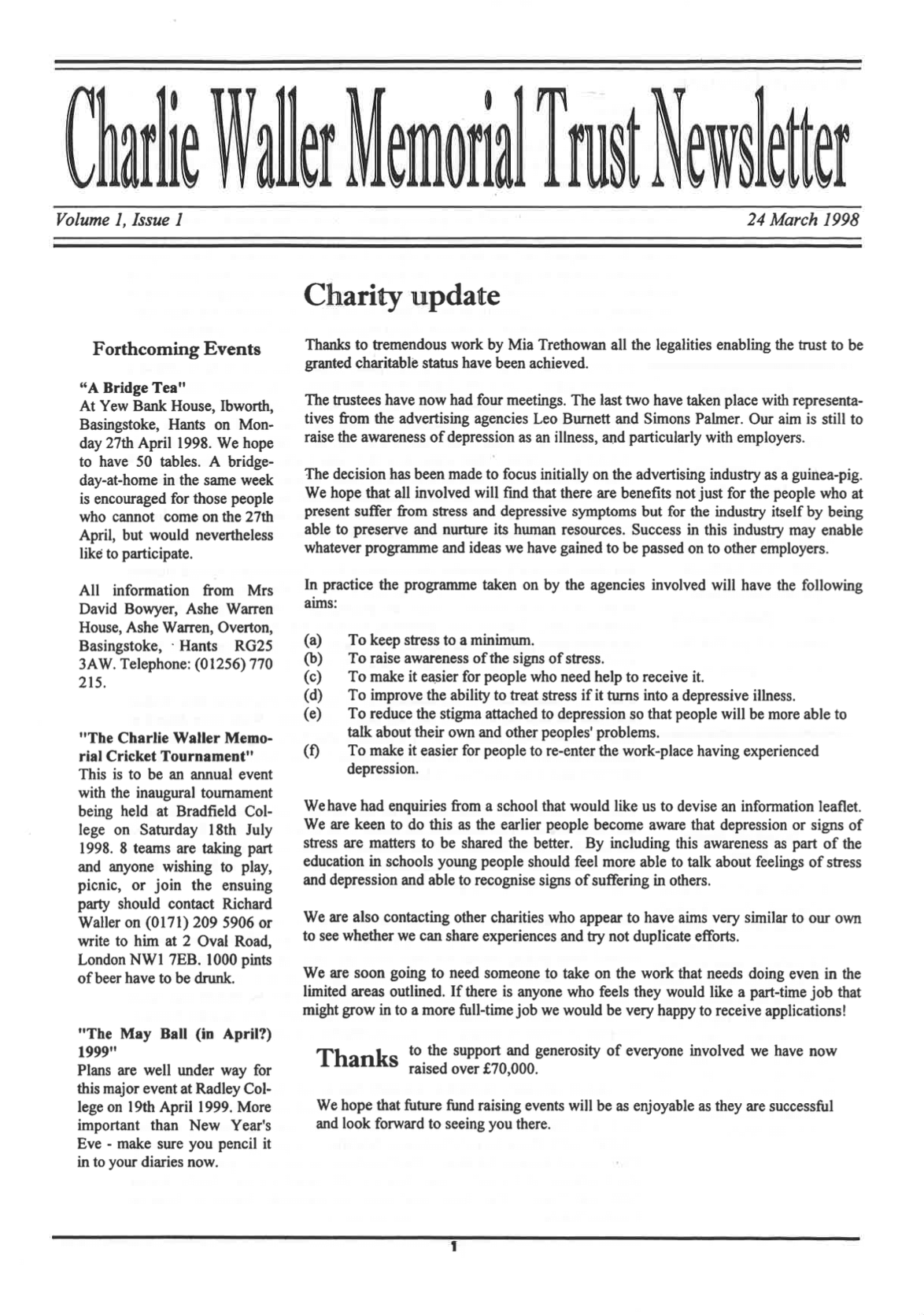 The first Charlie Waller Memorial trust newsletter