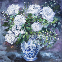 A painting featuring a white vase with blue patterns. A boquet of white roses fills the vase.