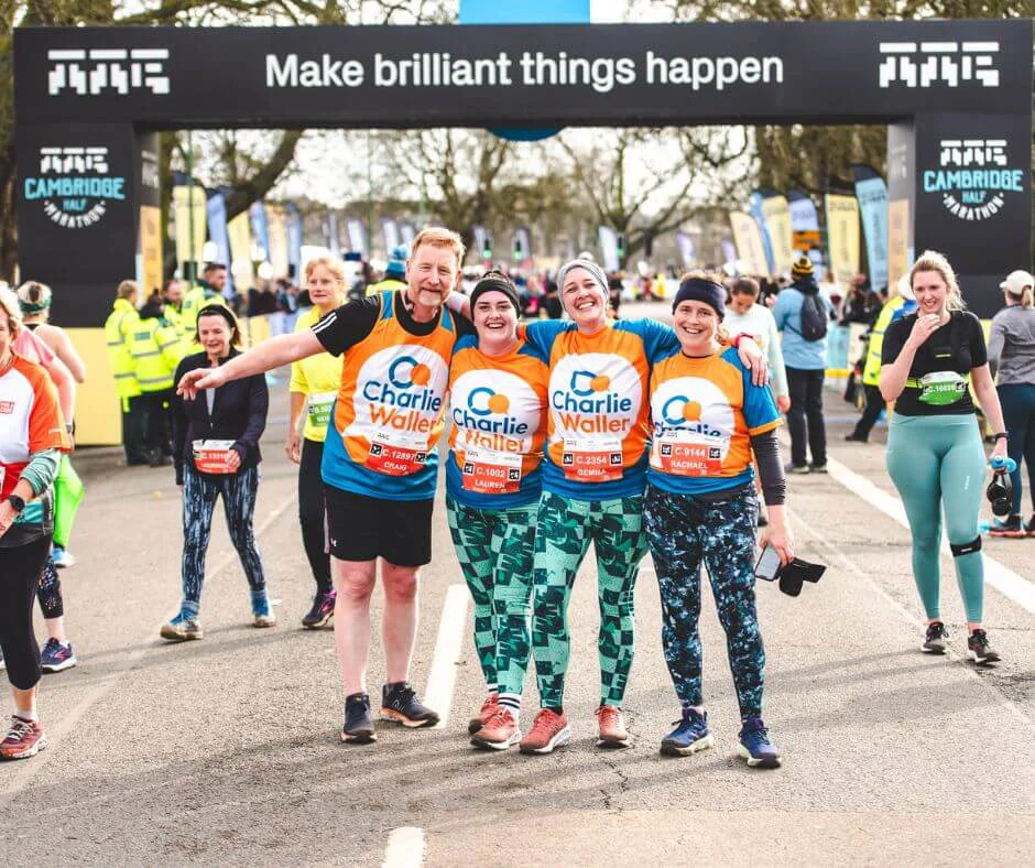4 people who have ran the Cambridge Marathon for Charlie Waller Trust at the end of the race. 4 people who have ran the Cambridge Marathon for Charlie Waller Trust at the end of the race.